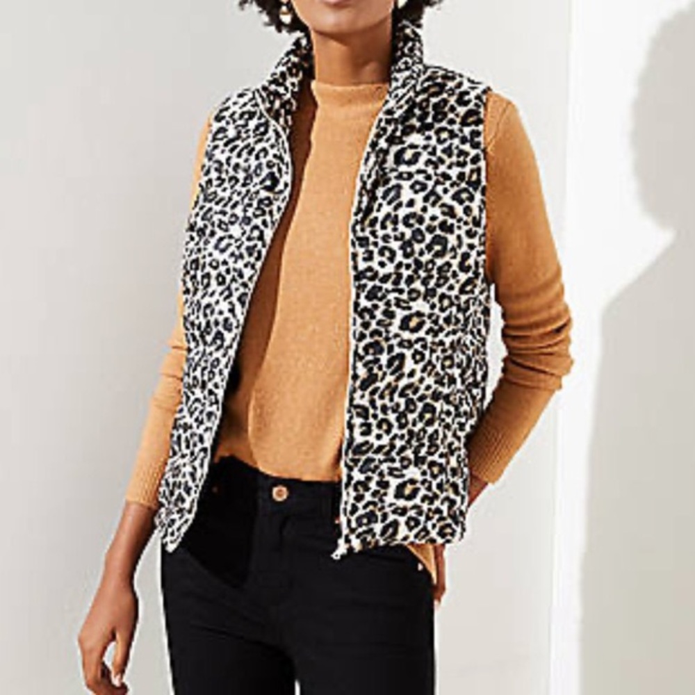 LOFT Leopard Print Puffer Vest in Black, White & Tan